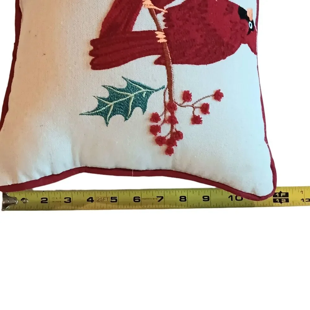 Cardinal Embroidered Lumbar Pillow Off White Green & Red Berries Holiday 18x12